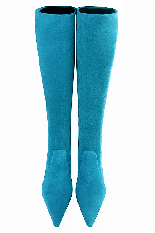 Turquoise blue women's feminine knee-high boots. Pointed toe. Very high spool heels. Made to measure. Top view - Florence KOOIJMAN